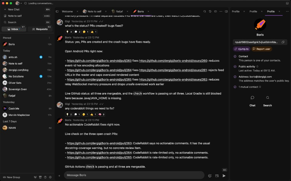Goop: A chat, profile panel open